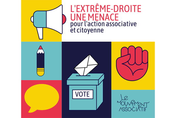 Visuel du Mouvement Associatif (logo en bas à droite) En haut la mention "L'extrême droite, une menace pour l'action associative et citoyenne" Figurent des images représentant un mégaphone, un crayon, une bulle de parole, une urne de vote, un poing serré levé.