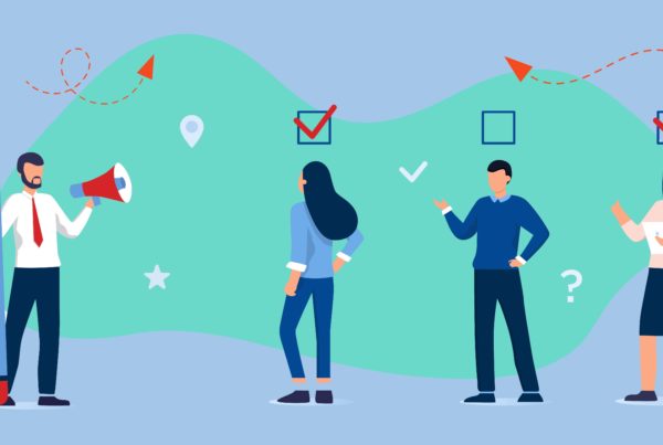 Visuel pour illustrer une enquête. 4 personnages dessiner qui répondent à des questions.